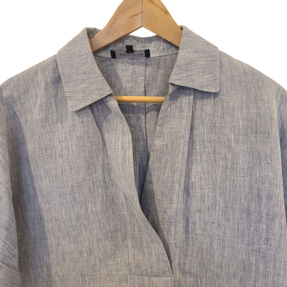 Lafayette 148 Blue Linen Popover Top‎ Small Oversized Loose Dolman Short Sleeves - Picture 4 of 8